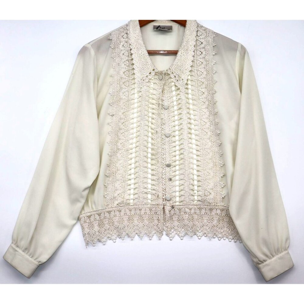 Vintage Fiji Sport Ivory Lace Blouse With Long Sleeves & Button Front Grannycore